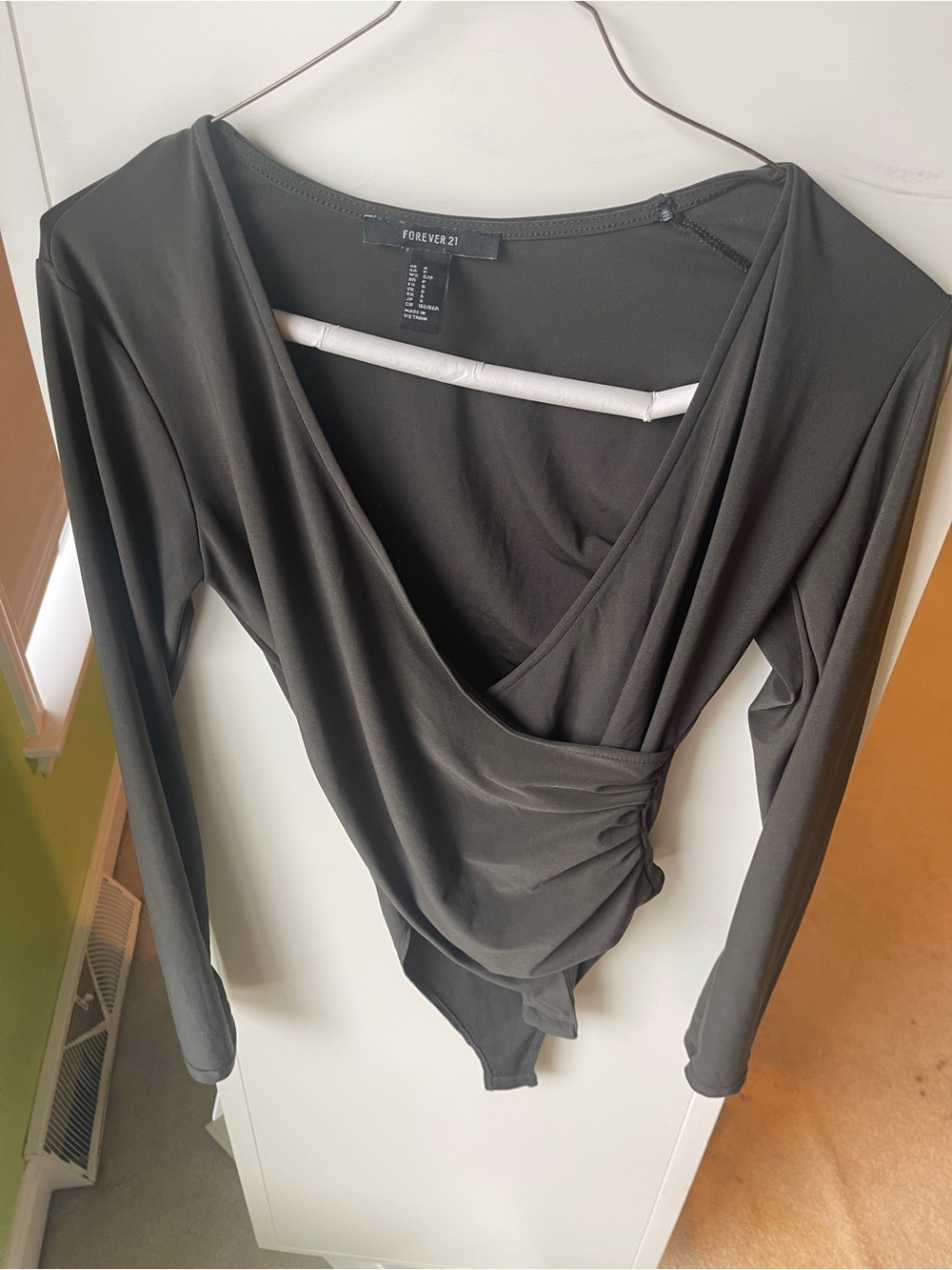 Forever 21 Black Surplice Long Sleeve Bodysuit with Side Ruched Detail